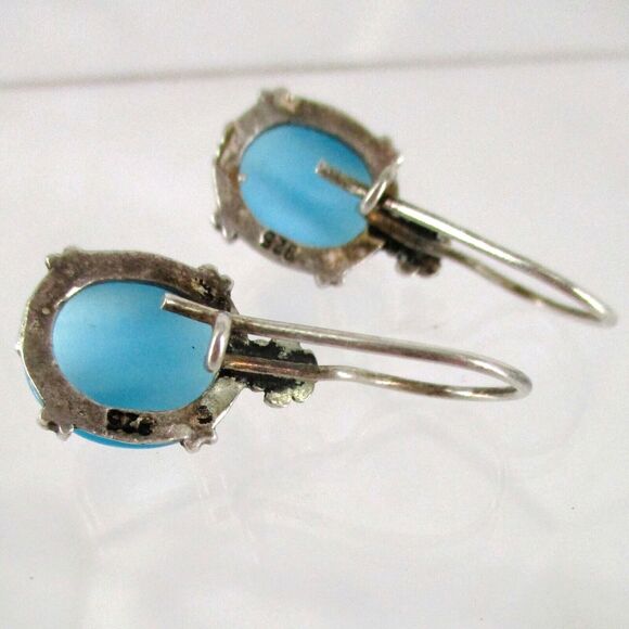 Blue Cat's Eye Threader Hook Floral Wrap Earrings 925 Vintage Sterling Silver - Picture 3 of 4